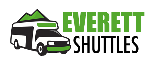 Everett Shuttles logo with a modern green and black shuttle bus and mountain silhouette.